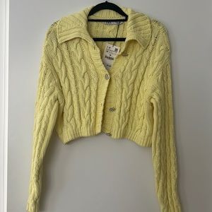 Zara Yellow Knit Cardigan With Flower Buttons NWOT